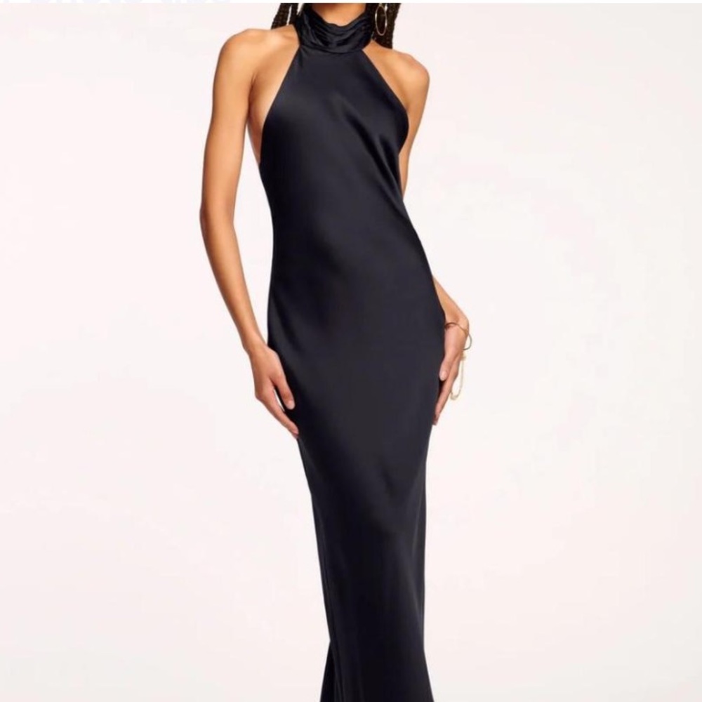 Ramy Brook Tatiana High Neck Gown Stretch Satin Back Slit Halter Gown wit…